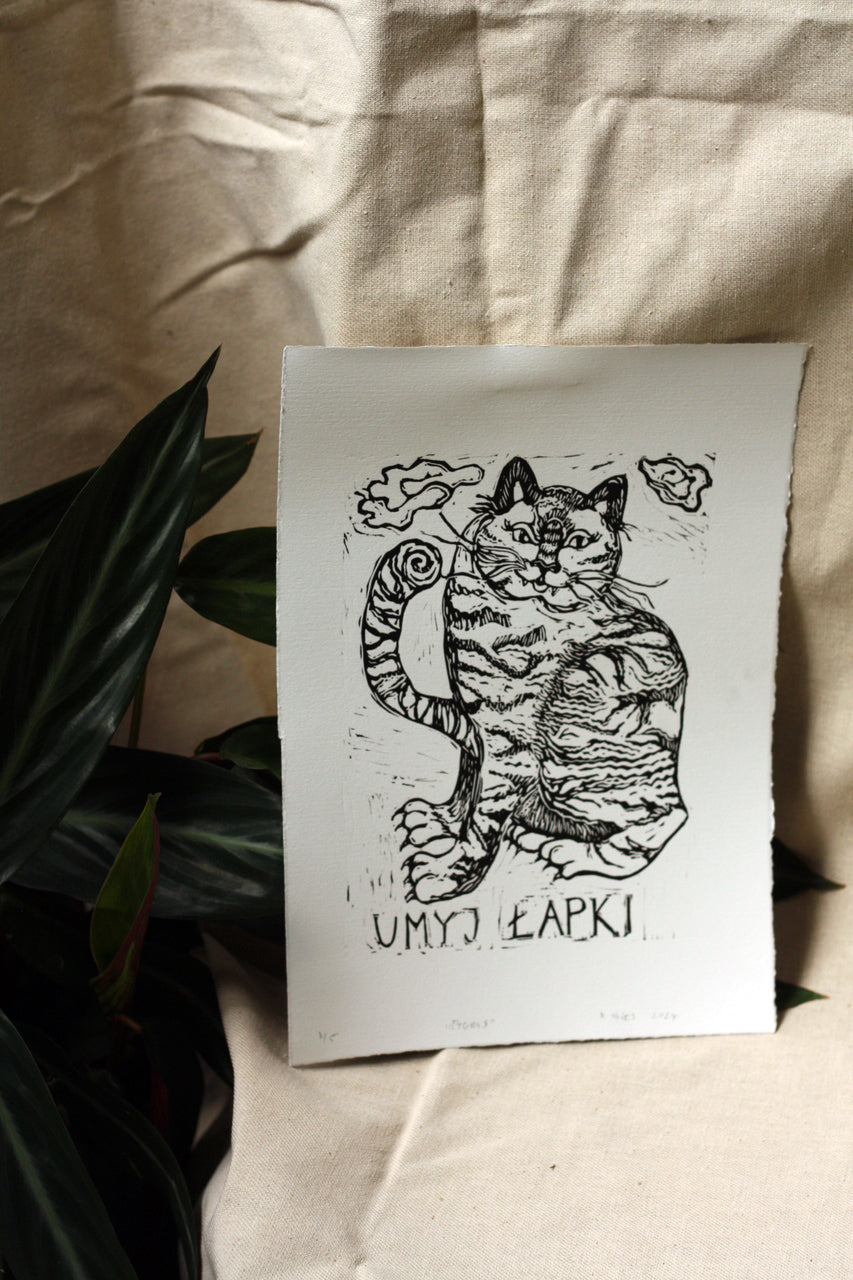 Grafika z tygrysem linoryt